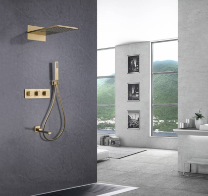 Душевая система ABBER Daheim AF8253G скрытого монтажа с изливом, термостат, золото матовое Душевая система ABBER Daheim AF8253G скрытого монтажа с изливом, термостат, золото матовое