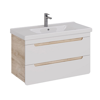 Тумба Lemark OLIVIA 100см под 1 раковину, подвесная, 2 ящика, цвет корпуса: Дуб кантри, цвет фасада: Белый глянец