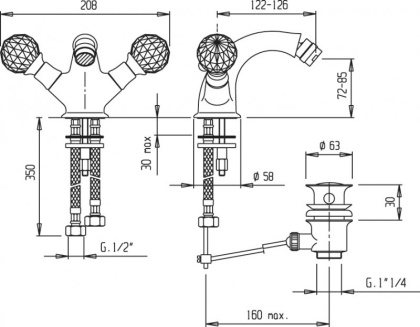 NOSTALGIA-BS1-03/24 Смеситель на биде с донным клапаном золото, ручки золото