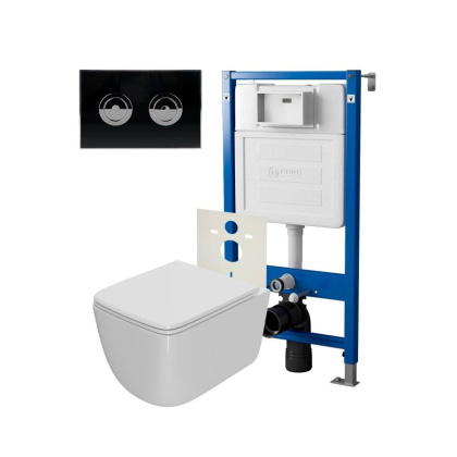 Сет: Система инсталляции пневматическая Point Элемент П для подвесного унитаза PN45121 + Клавиша смыва для пневматической инсталляции Point Венера, установка в стену, черный/хром, PN44071BC + Унитаз подвесной Point Меркурий безободковый, сиденье дюропласт