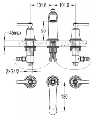 LIBERTY-F-BLS-01-W0 Смеситель для раковины на три отверстия. без донного клапана Цвет Хром 