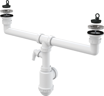 Сифон для сдвоенной мойки с нержавеющими решетками DN70 и штуцером Сифон для сдвоенной мойки с нержавеющими решетками DN70 и штуцером