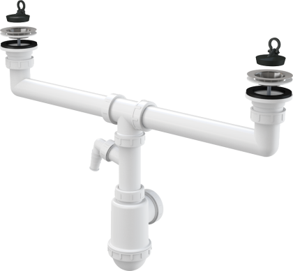 Сифон для сдвоенной мойки с нержавеющими решетками DN70 и штуцером Сифон для сдвоенной мойки с нержавеющими решетками DN70 и штуцером