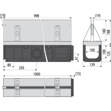 Щелевой дренажный канал с симметричной надставкой 160 мм, оцинкованная сталь 