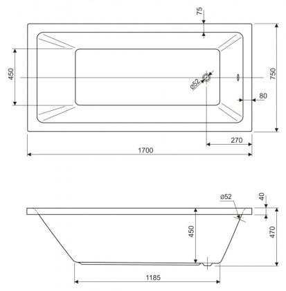 Акриловая ванна CEZARES PLANE SOLO-170-75-45-W37