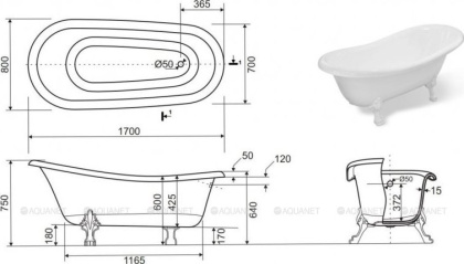 Ванна из искусственного мрамора Эстет Марсель 170x80