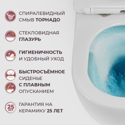 STREAM Унитаз подвесной безободковый со смывом "Торнадо" с сиденьем дюропласт soft close, CZR-2426-TH-TOR/SC STREAM Унитаз подвесной безободковый со смывом "Торнадо" с сиденьем дюропласт soft close, CZR-2426-TH-TOR/SC