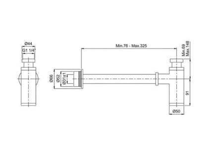 Сифон VITRA Т-вид, металл, под слив 32 мм, вертик регулир. 69-125 мм, горизонт 76-290 мм, A45123EXP