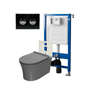 Сет: Система инсталляции пневматическая Point Элемент П для подвесного унитаза PN45121 + Клавиша смыва для пневматической инсталляции Point Венера, установка в стену, черный/хром, PN44071BC + Унитаз подвесной Point Вега безободковый, сер мат, PN41711GM
