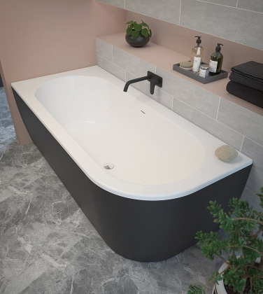 Акриловая ванна угловая левосторонняя, щелевой слив-перелив, чёрная фронтальная панель, белая чаша, 1790х790х600, SLIM CORNER-180-80-60-L-NERO-SET