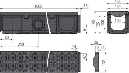 Дренажный канал 100 мм с пластиковой рамой и пластиковой решеткой А15
