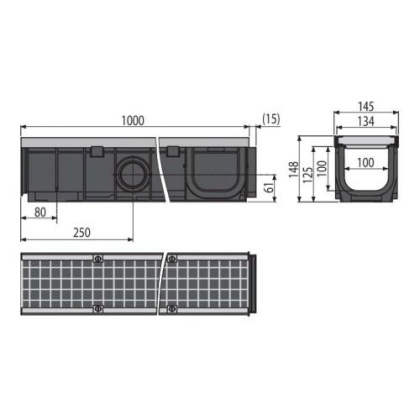 Дренажный канал 100 мм с металлической рамой и оцинкованной решеткой C250