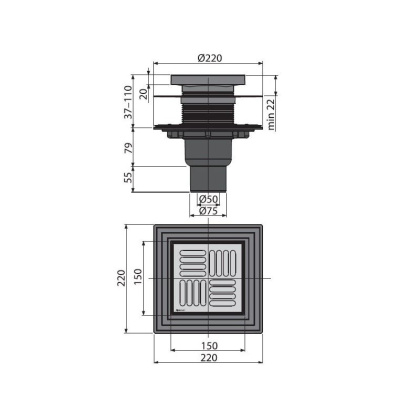 Сливной трап 150×150/50/75 мм прямой сток, решетка из нержавеющей стали, фланец из нержавеющей стали, воротник изоляции 2–го уровня, гидрозатвор сухой и мокрый