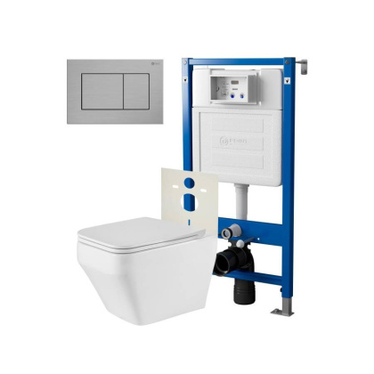 Сет: Система инсталляции Point Элемент для подвесного унитаза PN45120 + Клавиша смыва для инсталляции Point Ника, нержавеющая сталь, сталь брашированная, PN44081SB + Унитаз подвесной Point Аврора PN41101 безободковый, белый, сиденье дюропласт, микролифт, 