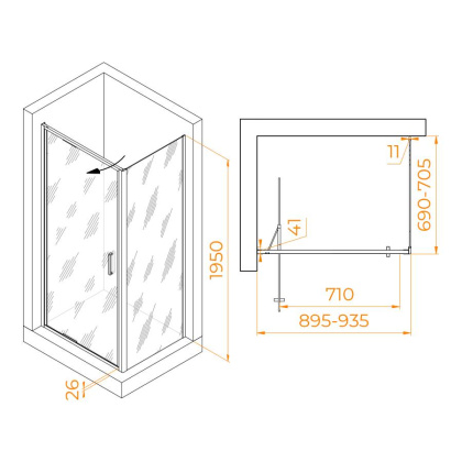 Душевой уголок  90* 70*195 RGW SV-145B (SV-05B + Z-050-2B) Прямоуг./Чёрный/Прозрачное/8 мм (Easy)