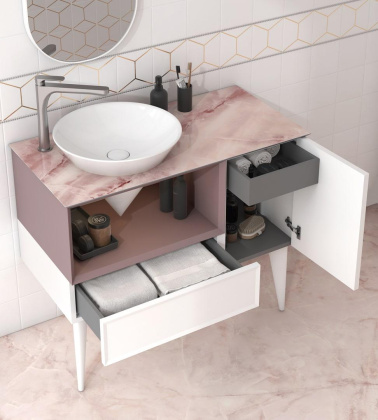 Тумба CONO подвесная с открытой полкой и ящиками 97, белая матовая-мальва CO.97\MAL