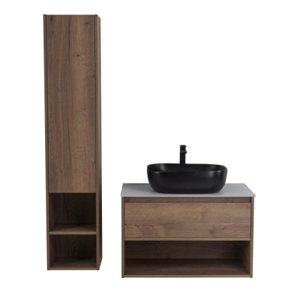 Тумба c раковиной подвесная с одним ящиком и одной открытой полкой BelBagno KRAFT 100 Rovere Nebrasca Nature, раковина белая