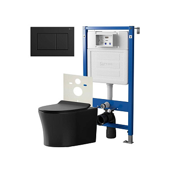 Сет: Система инсталляции Point Элемент для подвесного унитаза PN45120 + Клавиша смыва для инсталляции Point Ника, черная матовая, PN44081BM + Унитаз подвесной Point Вега безободковый, чёрн мат, PN41711BM