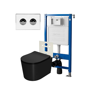 Сет: Система инсталляции пневматическая Point Элемент П для подвесного унитаза PN45121 + Клавиша смыва для пневматической инсталляции Point Венера, установка в стену, белый/хром, PN44071WC + Унитаз подвесной Point Веста безободковый, чёрн мат, PN41701BM