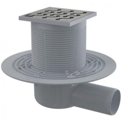 Сливной трап 105×105/50 мм боковой сток, решетка из нержавеющей стали, гидрозатвор мокрый