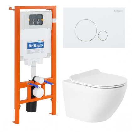 Комплект 4 в 1 Унитаз подвесной BelBagno SFERA-R BB046CHR с сиденьем BB2111SC + Система инсталляции для унитазов BelBagno BB002-80 с кнопкой BB014-SR-