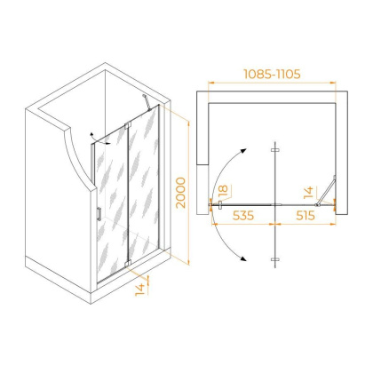 Душевая дверь 110*200 RGW HO-014 Хром/Прозрачное/8 мм (EasyClean)