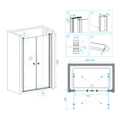 Душевая дверь RGW PA-04, 04080409-11, 90 х 185 см распашная двустворчатая, стекло прозрачное, хром