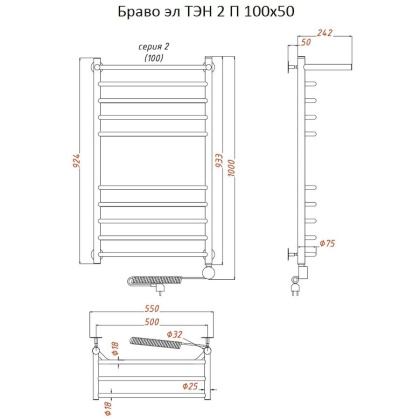 Полотенцесушитель Браво эл ТЭН 2 П 100*50 (ЛЦ4)