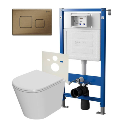 Сет: Система инсталляции Point Элемент для подвесного унитаза PN45120 + Клавиша смыва для инсталляции Point Афина, бронза брашированная, PN44041BB + Унитаз подвесной Point Виктория безободковый, сиденье микролифт PN41061