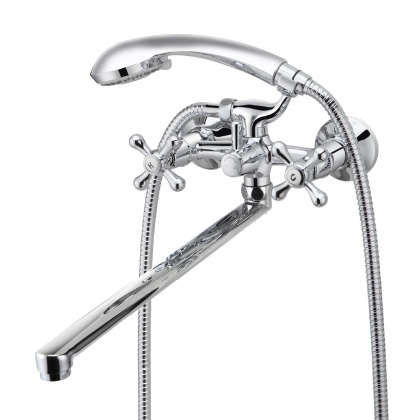 Смеситель универсальный с плоским изливом 30 см, двуручковый, поворотный переключатель, латунь/хром