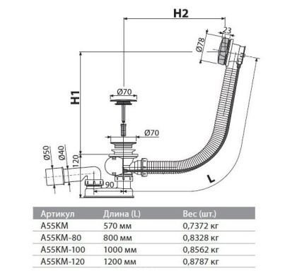 Сифон для ванны автомат, металл Сифон для ванны автомат, металл