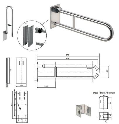 Съемный откидной поручень 600 мм, глянец, с крышкой