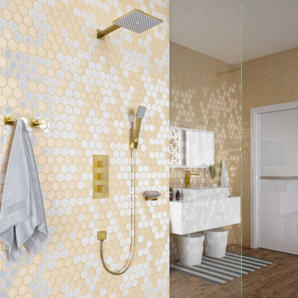 Душевая система Timo Tetra-Thermo SX-0179/17SM скрытого монтажа с термостатом, золото матовое