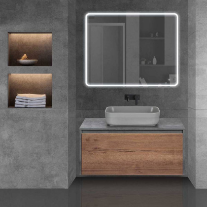 База под накладную раковину Mesa 1000 подвесная, 1 выкатной/1 скрытый ящик soft close, T.Oak + Beton