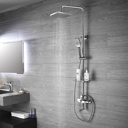 Смеситель термостатический Rossinka RS50-46 для ванны и душа с регулируемой высотой штанги, поворотным изливом и лейкой "Тропический дождь"