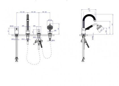 OLIMP-BVDM-03/24-L Смеситель на борт ванны с выдвижным душем и переключателем, золото