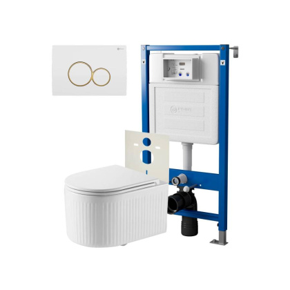 Сет: Система инсталляции Point Элемент для подвесного унитаза PN45120 + Клавиша смыва для инсталляции Point Виктория, белая/золото, PN44061WG + Унитаз подвесной Point Деметра безободковый, белый, сиденье дюропласт, микролифт быстросъемн PN41121