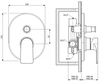 LAGOS-VDIM-NOP Встраиваемый однорычажный смеситель для душа с переключателем на 2 выхода, исполнение черный матовый