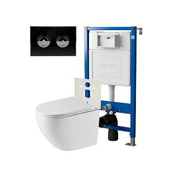 Сет: Система инсталляции пневматическая Point Элемент П для подвесного унитаза PN45121 + Клавиша смыва для пневматической инсталляции Point Венера, установка в стену, черный/хром, PN44072BC + Унитаз подвесной Point Сатурн безободковый, белый, сиденье дюро