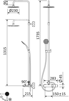 LEAF-CVDA-23-NOP Душевая стойка телескопическая, с изливом с верхним и ручным душем, верхний душ диаметр 230 мм АБС пластик, исполнение черный матовый