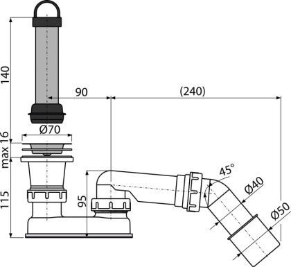 Сифон для душевого поддона с гидрозатвором и коленом Сифон для душевого поддона с гидрозатвором и коленом