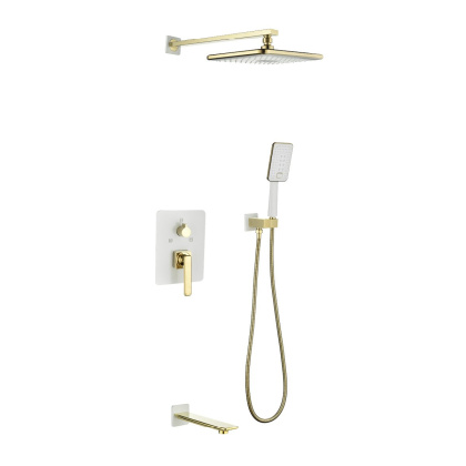 Встраиваемый смеситель с верхним душем 29х19 см, излив 18 см, латунь/белый/золото