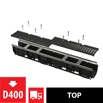 Дренажный канал 100 мм с металлической рамой и чугунной решеткой D400