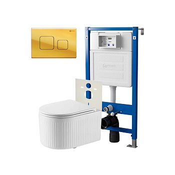 Сет: Система инсталляции Point Элемент для подвесного унитаза PN45120 + Клавиша смыва для инсталляции Point Афина, золото, PN44041G + Унитаз подвесной Point Деметра безободковый, белый, сиденье дюропласт, микролифт быстросъемн PN41121