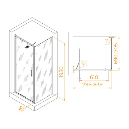 Душевой уголок  80* 70*195 RGW SV-145B (SV-05B + Z-050-2B) Прямоуг./Чёрный/Прозрачное/8 мм (Easy)