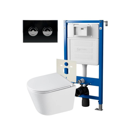 Сет: Система инсталляции пневматическая Point Элемент П для подвесного унитаза PN45121 + Клавиша смыва для пневматической инсталляции Point Венера, установка в стену, черный/хром, PN44072BC + Унитаз подвесной Point Венера безободковый, белый, сиденье дюро