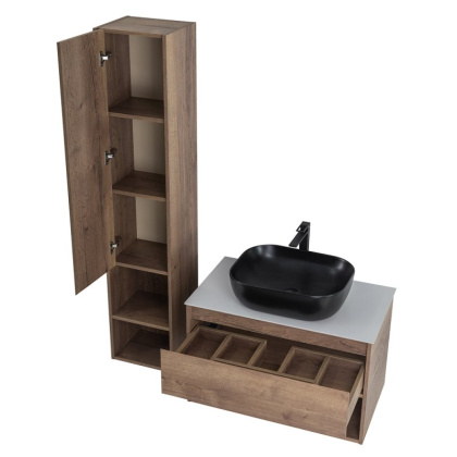 Тумба c раковиной подвесная с одним ящиком и одной открытой полкой BelBagno KRAFT 100 Rovere Nebrasca Nature, раковина белая