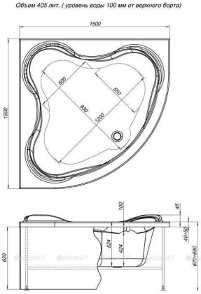 Акриловая ванна Aquanet Flores 150x150 (каркас + смеситель Grohe BauEdge 2511700A)