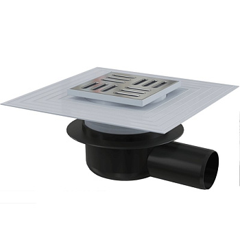 Сливной трап 105×105/50 мм боковой сток, решетка из нержавеющей стали, воротник изоляции 2–го уровня, гидрозатвор сухой 