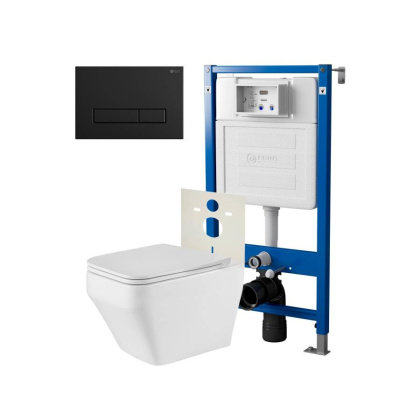 Сет: Система инсталляции Point Элемент для подвесного унитаза PN45120 + Клавиша смыва для инсталляции Point Меркурий, черная матовая, PN44831BM + Унитаз подвесной Point Аврора PN41101 безободковый, белый, сиденье дюропласт, микролифт, быстросъемное